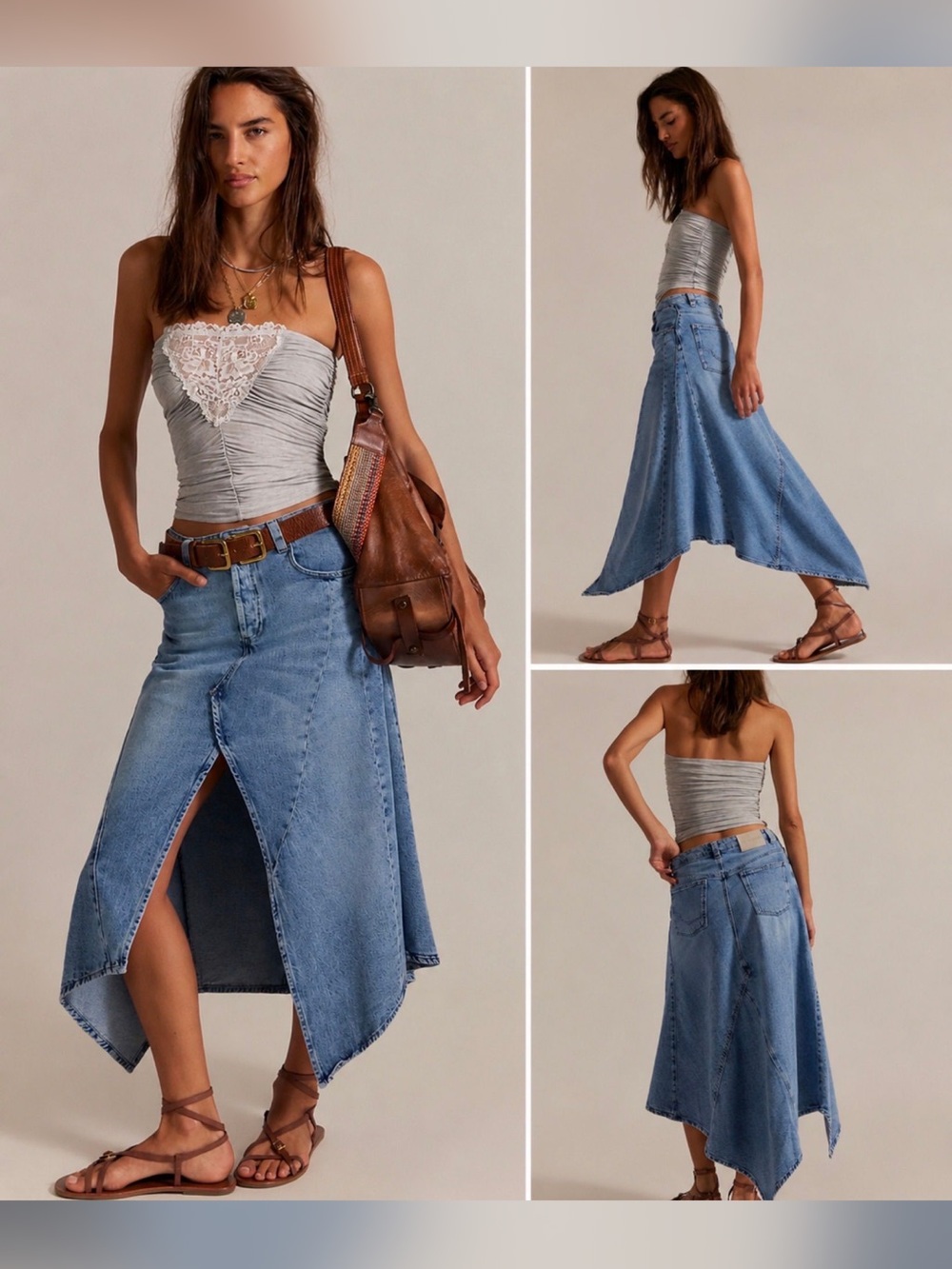 Free People Light Blue Denim High-Low Handkerchief Hem Skirt